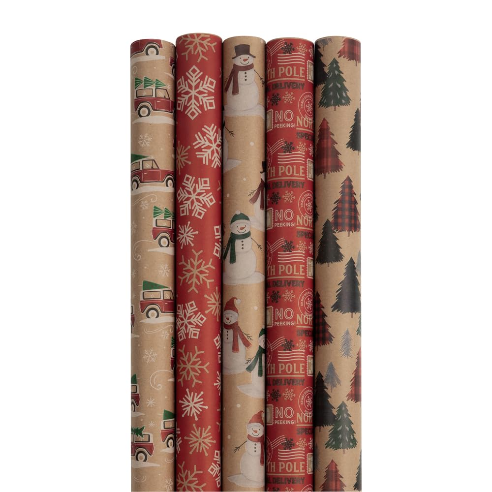 JAM Paper Geschenkpapier, Weihnachtsgeschenkpapier, Kraftpapier, insgesamt 125 m², 5 Rollen/Packung