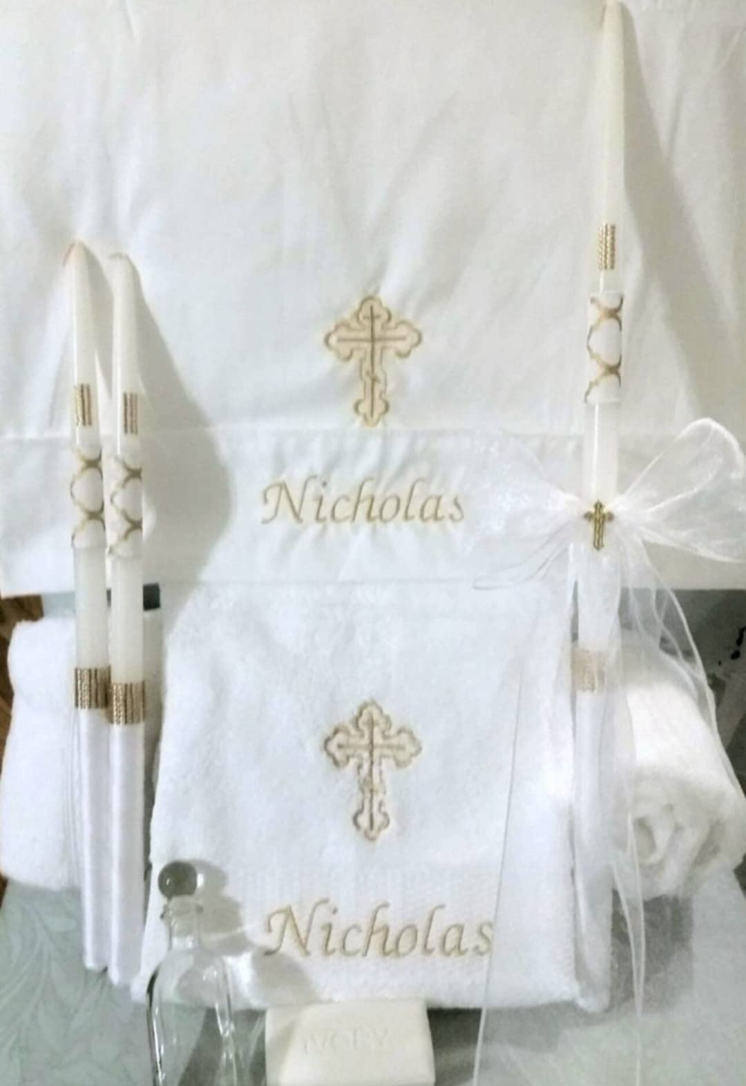 Jennifer MacPhail Greek Orthodox Baptism Towel Set - 2 Hand Towels, 1 Bath Towel, 1 Oil Sheet, 1 - 24