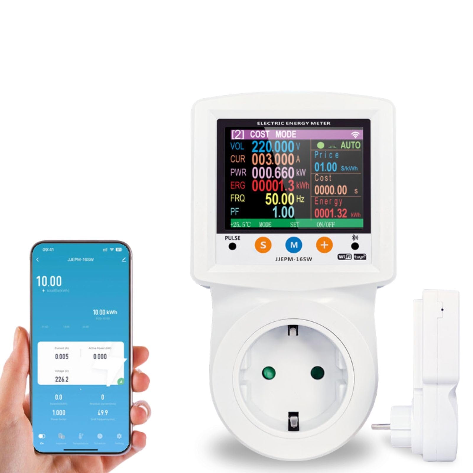 Jadeshay Wattmètre Prise Compteur d'Énergie WiFi Prise Consommation Electrique avec 8 Modes réglables, Écran LCD, Protection de Tension et de Courant 16A 230VAC, Contrôle Tuya APP