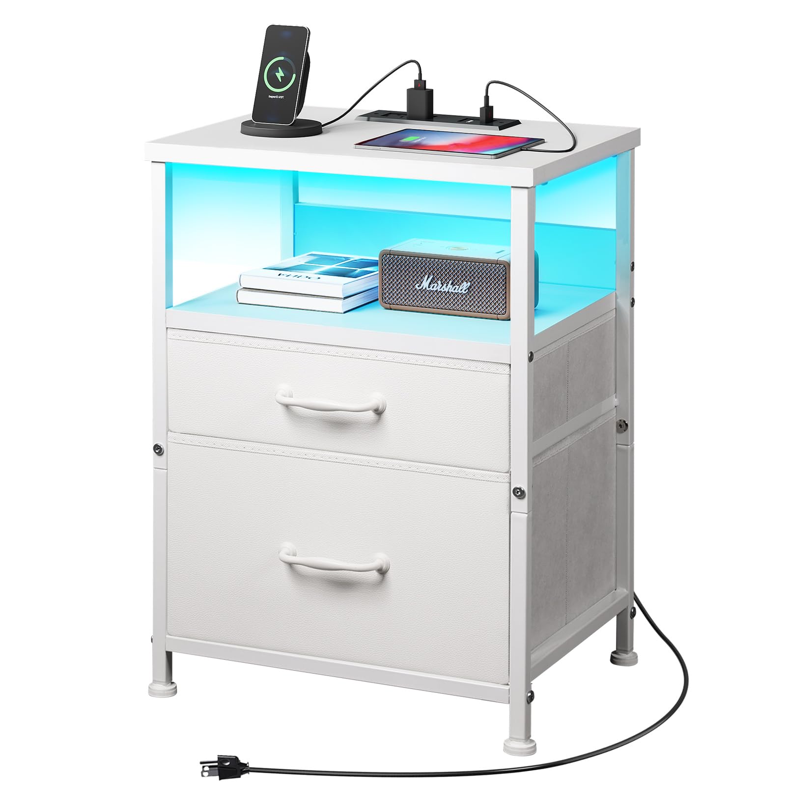 White Nightstand with Charging Station, LED Night Stand with 2 Fabric Drawers, Side Table with Open Shelf, End Table with Outlets and USB Ports, 2 Drawer Dresser for Bedroom