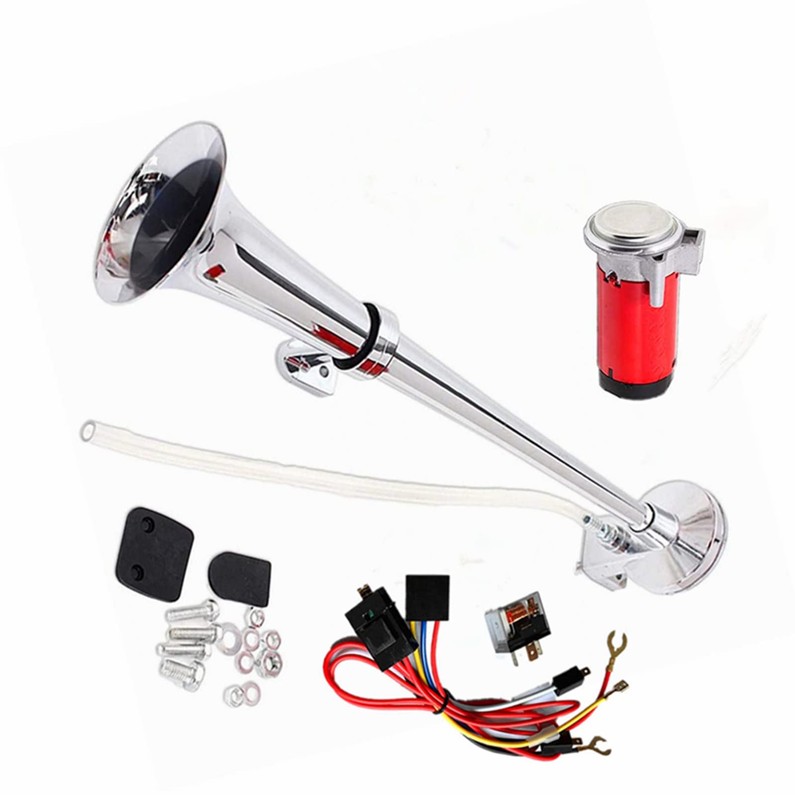 Klaxon de Voiture Chrome Zinc 150DB 45cm Trompette Simple Avec Compresseur de Pompe à Air Rouge Pour 24V Camion Bateau