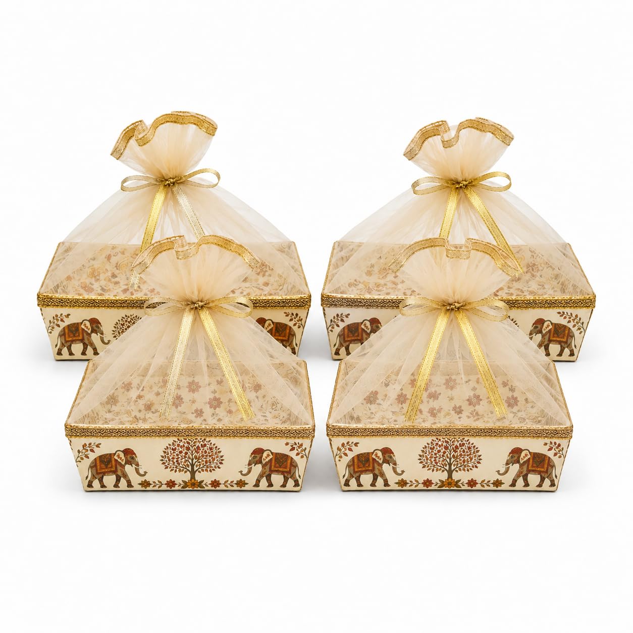 Gift Basket Hamper Basket Set of 4 with Net Cover – Decorative Empty Gift Basket, Gift Packing Basket for Wedding Return Gifts, Dry Fruits & Festive Gifting (Golden Design) (2 square, 2 rectangle)