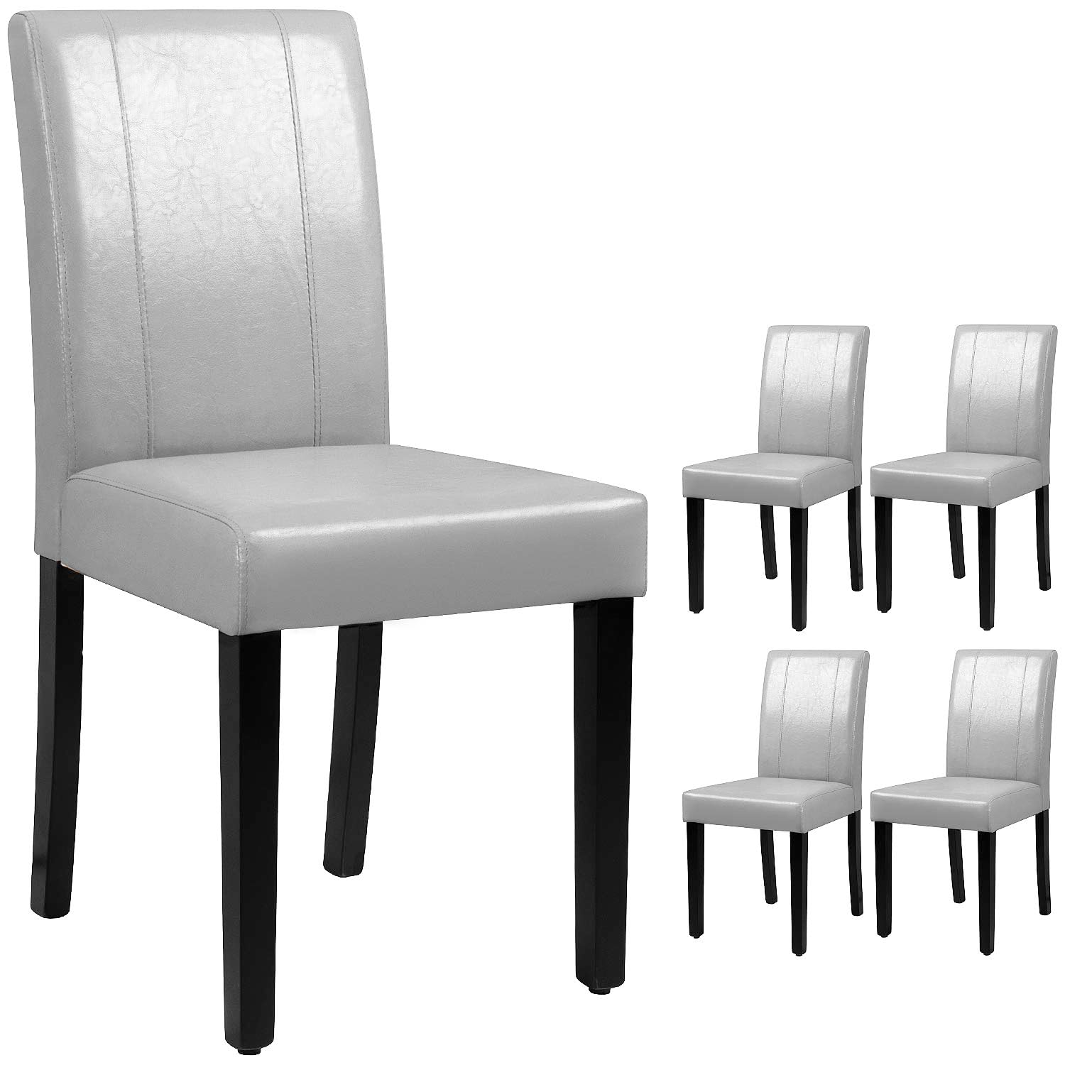 FurniwellDining Chairs Upholstered Parson Urban Style Kitchen Living Room Side Padded Chair with Solid Wood Legs Set of 4 (Leather, Grey)