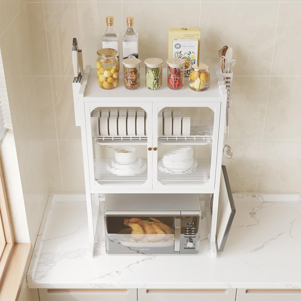 BAKAJI Scaffale Credenza Porta Microonde in Metallo Salvaspazio, Scaffalatura Portamicroonde con Vetrinetta Trasparente, Base Antiscivolo, 2 Ripiani Interni, 57 x 37 x 76 cm (Bianco)