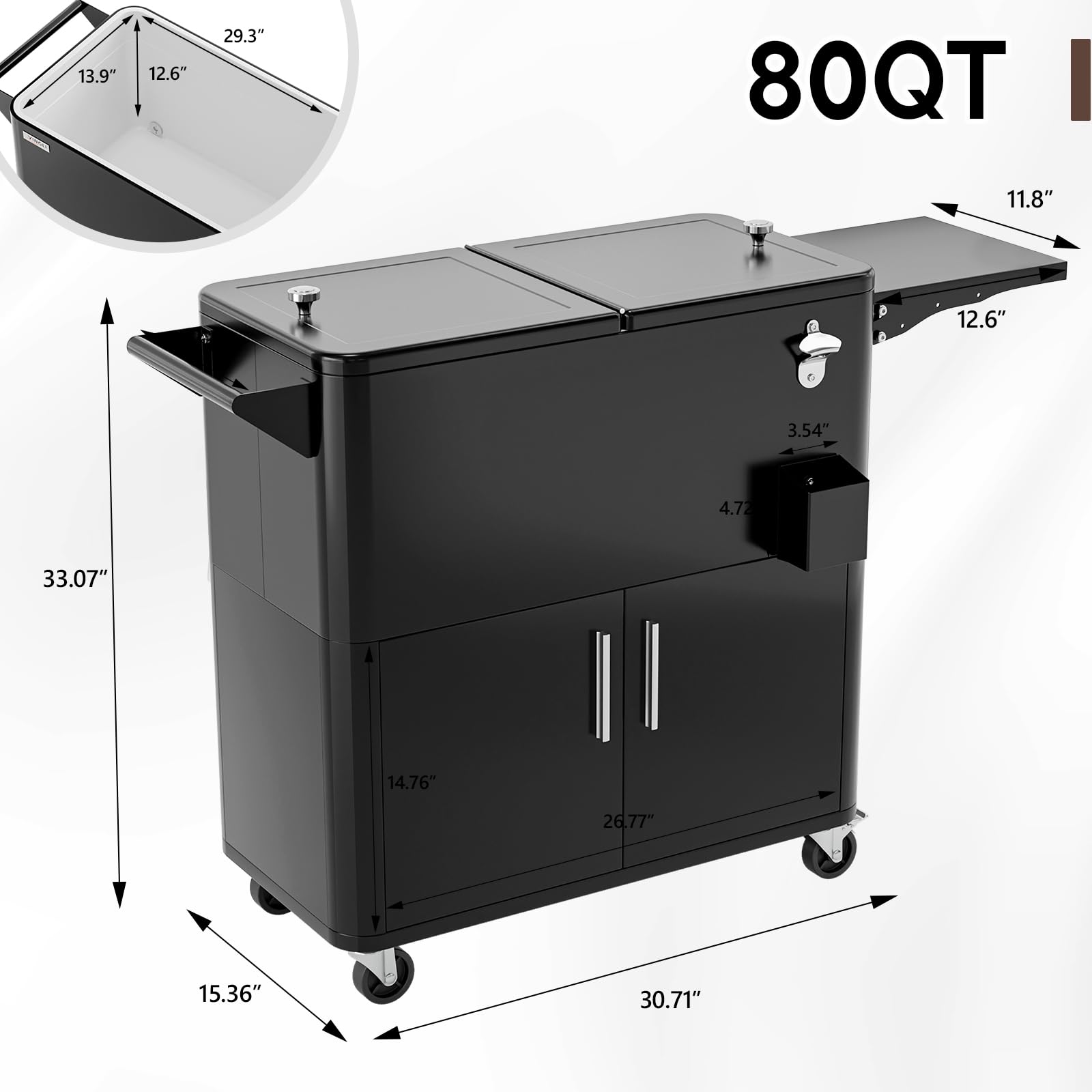 Bonnlo Carrito Nevera con Ruedas 76 L, Enfriador de Bebidas con Mesa Lateral y Abrebotellas, Nevera Exterior para Patio, Jardín, Camping y Playa, Negro