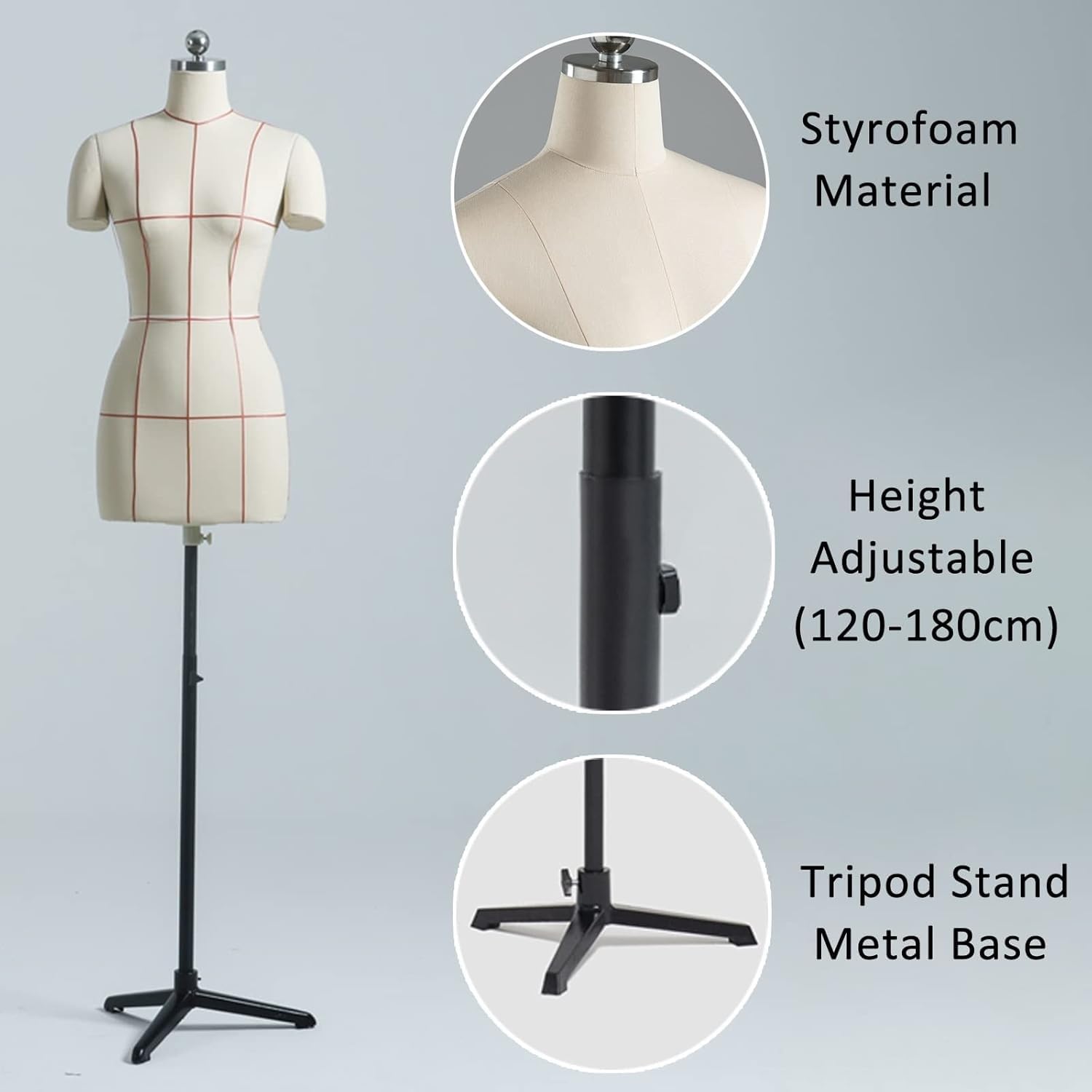 Plus Size Femminile Manichino Torso Vestito Forma Regolabile Pinnable Styrofoam Corpo per Cucire Sartoria Display con Braccia