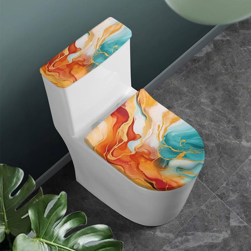 Daulesho Colorful Fluid Painting Toilet Seat Lid Tank Cover Set of 2 Turquoise Yellow Orange Bathroom Soft Toilet Lid Cover Watercolor Marble Fluid Bathroom Decorations