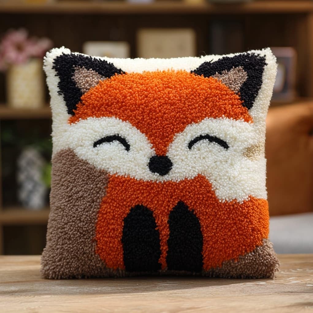 WallustrioaW Latch Hook Kits Pillowcase Embroidery Kit,Animal Little Fox