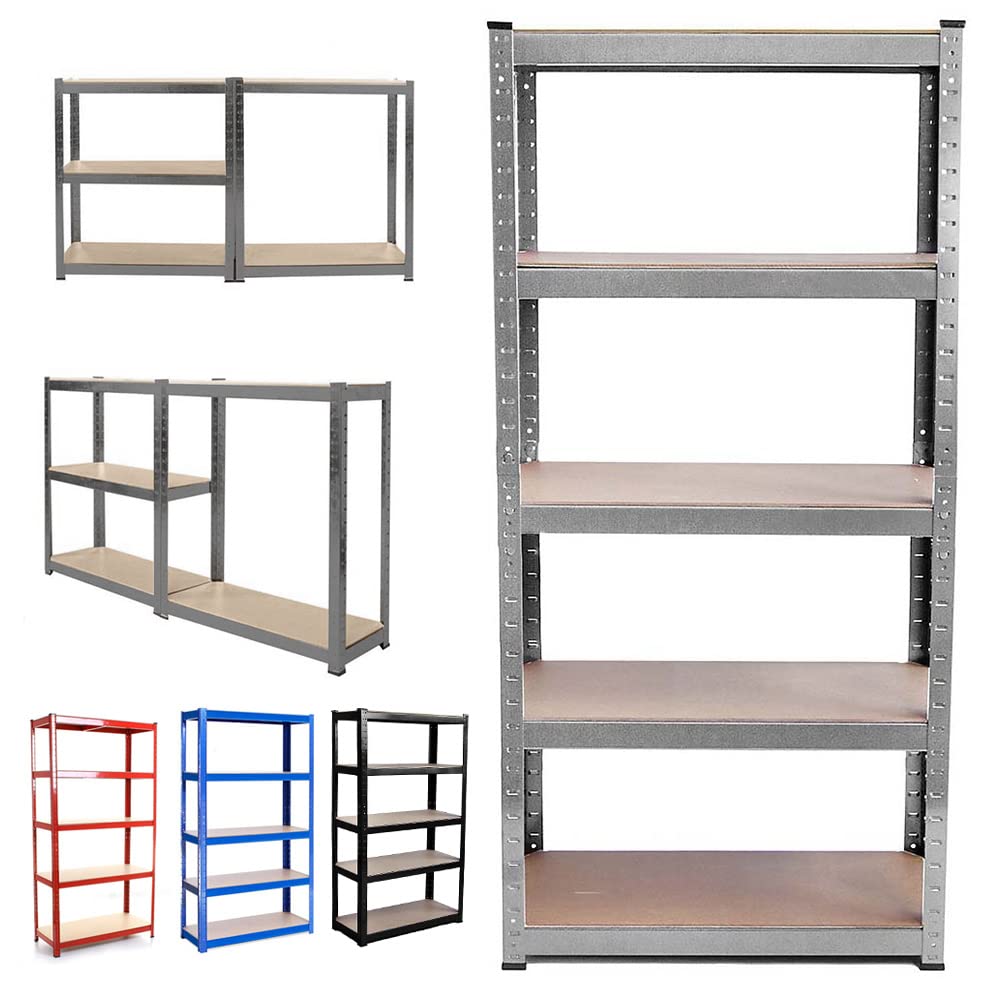 AUTOFU Storage Shelf 5 Tier Adjustable Standing Garage Shelving Unit Metal Shelves H 150 x W 70 x D 30 Cm No Screws Easy to Set for Shed Warehouse Kitchen Rack - Galvanised