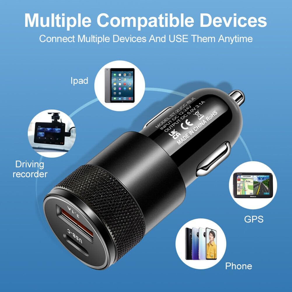 Caricatore USB Auto 3.1A Con PD E Porta Type-C - Adattatore Accendisigari Compatto Con LED