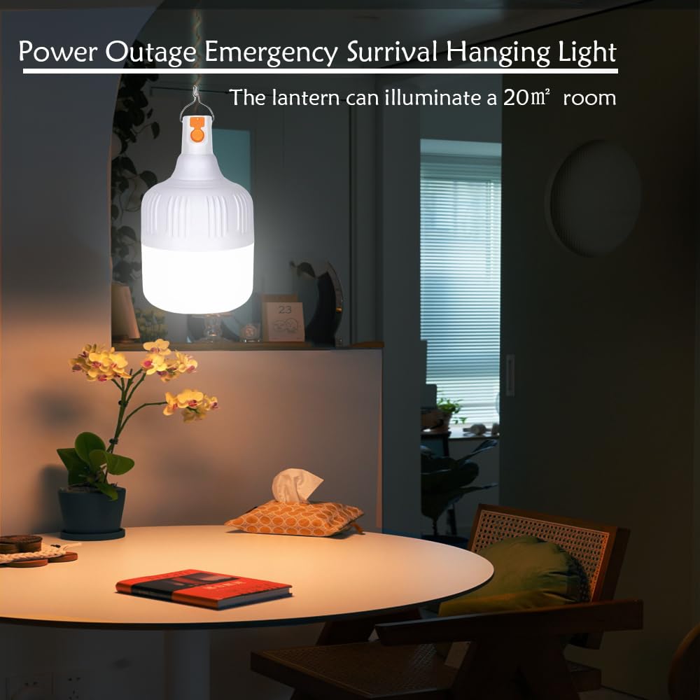 Lot de 2 lampes solaires LED pour tente de camping, 4 000 mAh, 3 modes, rechargeable par USB, lumière portable à suspendre, pour la pêche, les urgences, la cour, le jardin, 4 affichages de puissance