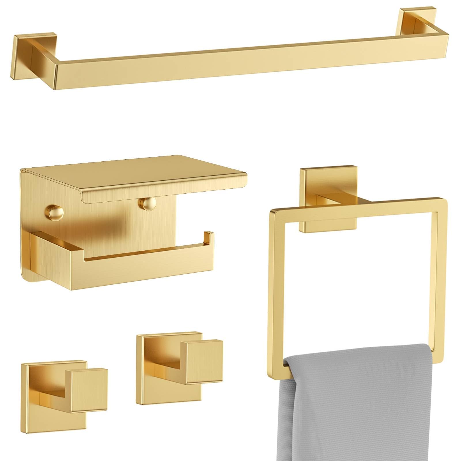 Juego de 5 toalleros de baño de Oro Cepillado, Soporte para Papel higiénico Mejorado con Estante, Acero Inoxidable para baño, Montaje en Pared de 23,6 Pulgadas.