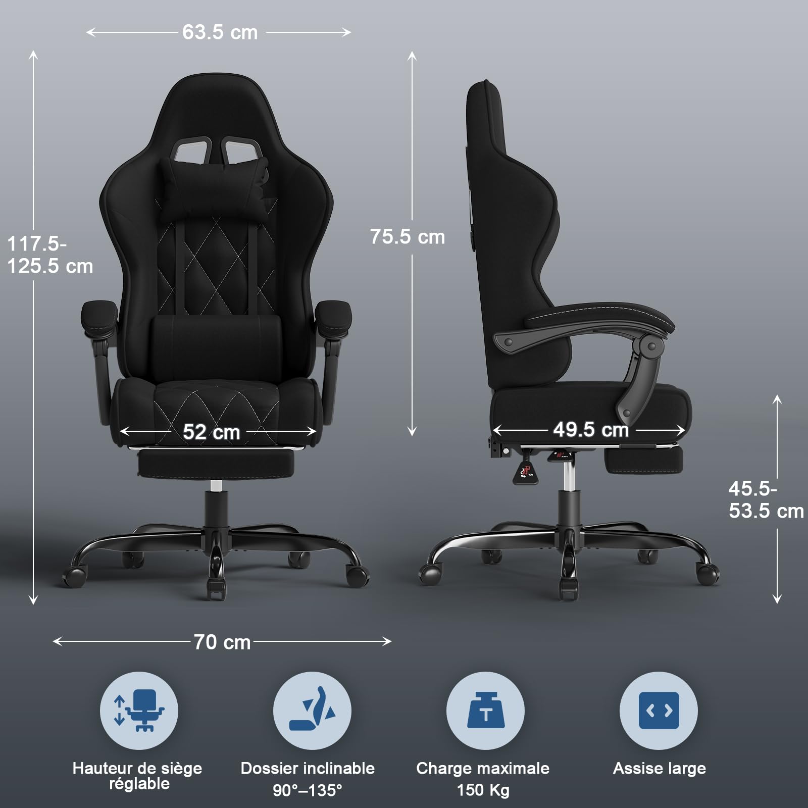Devoko Chaise Gaming Ergonomique en Tissu, Chaise Bureau Gamer avec Repose-Pieds, Dossier Inclinable, Hauteur Réglable, Massage Lombaire, Fauteuil Gamer Respirant et Anti-Griffes pour Chat, Noir