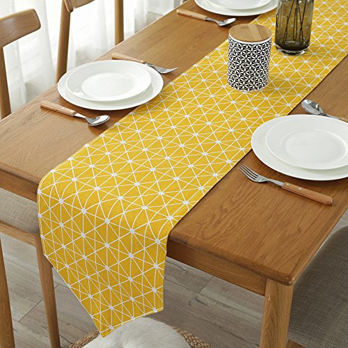 ColorBird Diamond Checkered Table Runner Cotton Linen Runners for Kitchen Dining Living Room Table Linen Decor (12 x 70 Inch, Yellow)