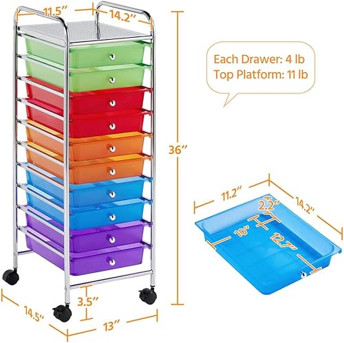 Miniatura 3 de Carrito de almacenamiento con ruedas de 10 cajones, organizador de oficina en casa, con ruedas, color negro