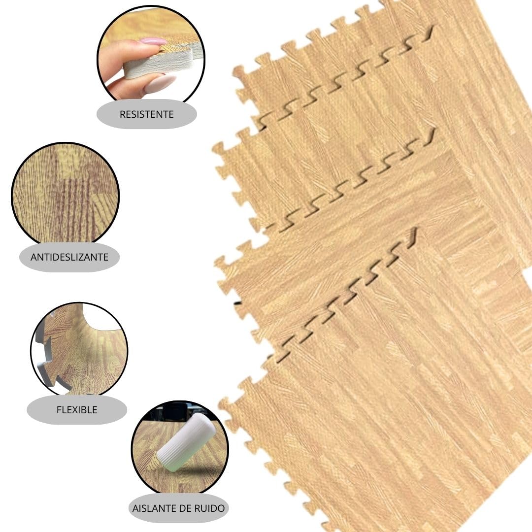 Pack Suelo Tatami – Esterilla Gimnasio Puzzle | Protege, Acolcha, Aísla y Decora | para Casa, Fitness o Piscina | Goma Eva Suave y Antideslizante | Libre de BPA | 16 Imitación Parquet