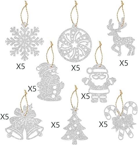 Miniatura 2 de 40 adornos colgantes de decoración de árbol de Navidad, copos de nieve plateados con purpurina, campanas de Navidad, muñeco de nieve, renos, corona,