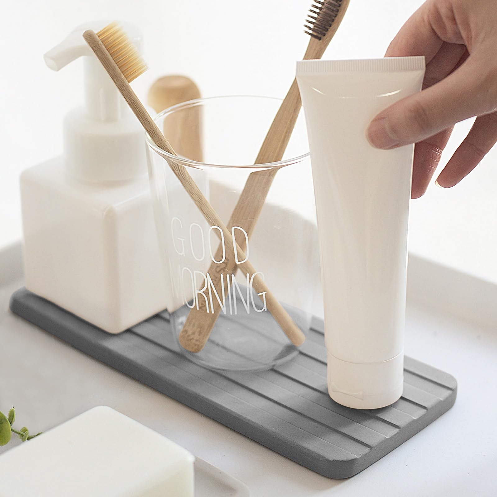 2 bandejas de agua ausente para fregadero de baño, jabonera de secado rápido, color gris, ideal para jabón y esponjas, para el hogar moderno