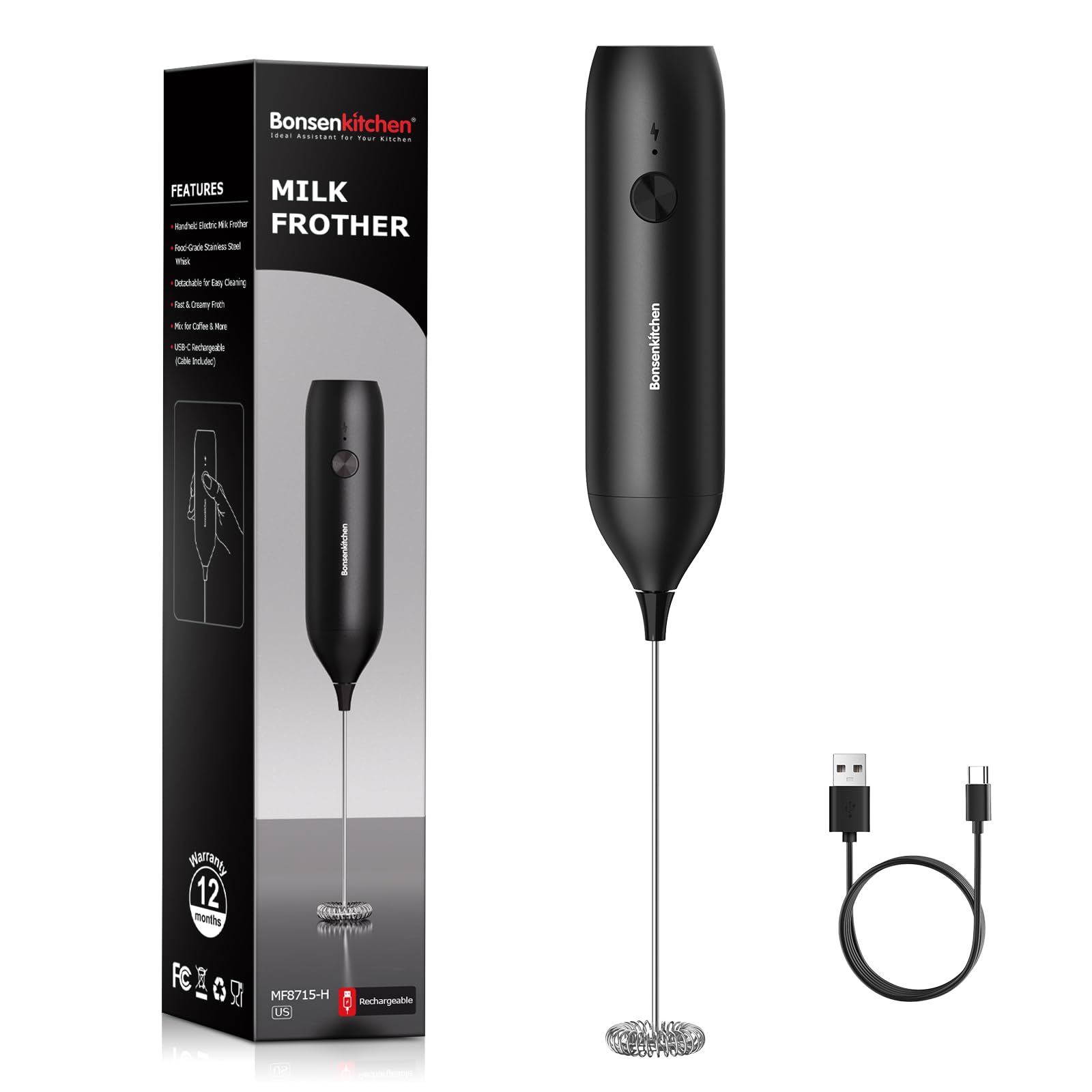 Photo 1 of Bonsenkitchen Rechargeable Milk Frother Handheld, Electric Foam Maker with Stainless Steel Whisk, Charging USB-C, Portable Hand Wand Drink Mixer for Coffee Matcha Lattes Cappuccino, Kitchen Gifts