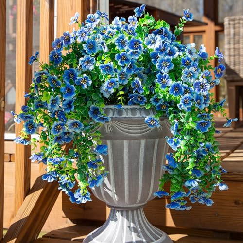 HyeFlora Artificial Flowers for Outdoors Decoration 2Pcs Blue Fake Hanging Spring Summer Decor Lifelike Plants UV & Fading Resistant Flower for Porch Patio Balcony Planter Yard Home Garland