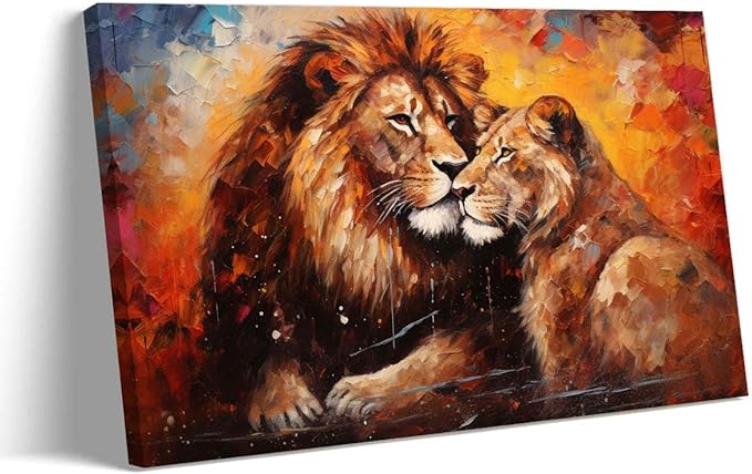 Lnzinro Lion and Lioness Wall Art Framed Pictures Prints Retro Abstract Lion Lioness Wall Art Animal Poster for Room Decor 12x18 inches