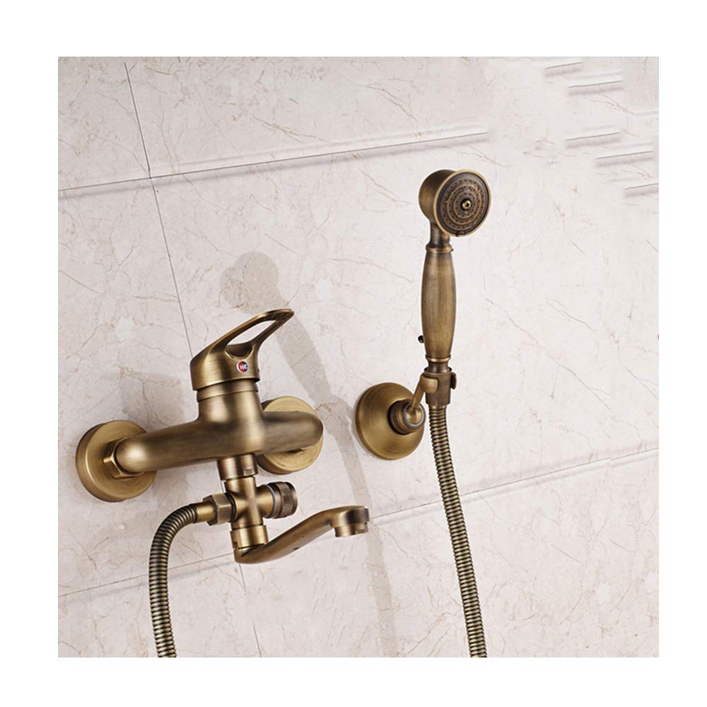GLJTUO Antique Brass Bathtub Faucet with Cold and Hot Water Wall Mounted Bathtub Shower Tap Single Handle Bathtub Faucet Set with Bathtub Spout, Handheld Shower,16cm spout B,16cm Spout a