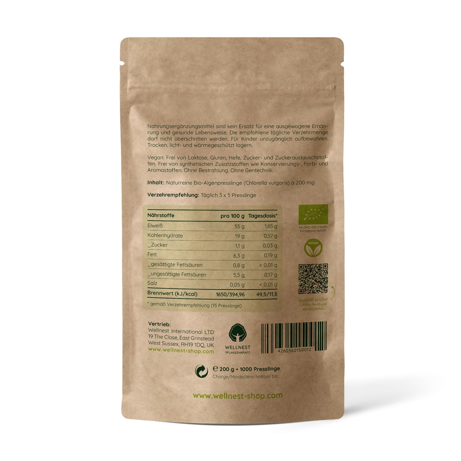 Bio Chlorella 200 g | Detox Superfood vegan | Algen reich an Mineralstoffen, Vitaminen und Spurenelementen | 1.000 Presslinge á 200 mg | Rückstandsgeprüft in deutschem Labor