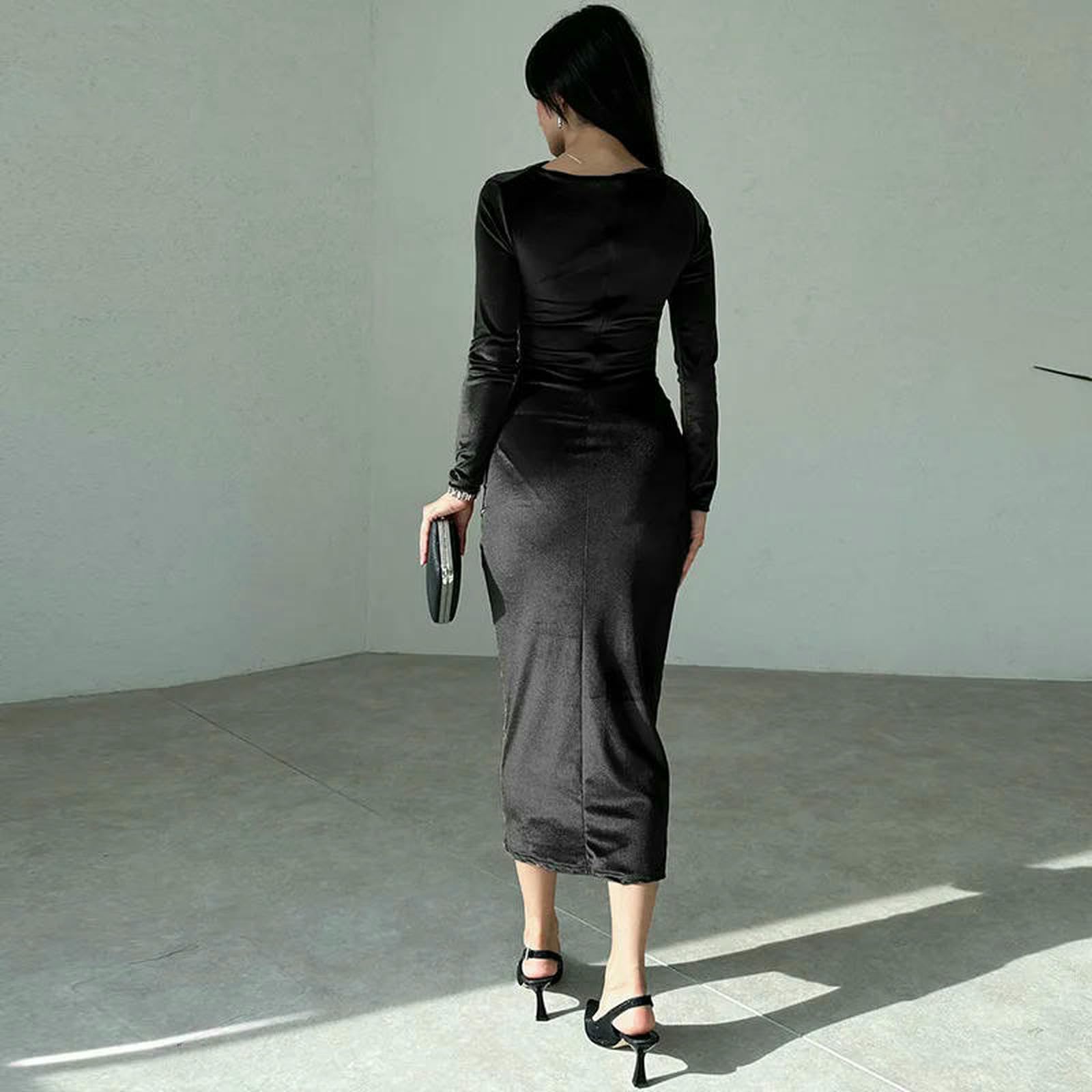 Vestiti a Maniche Lunghe Abito Midi da Donna in Velluto Lunghe, Sera Elegante con Volant per Feste Primaverili, Eventi Formali E Occasioni Speciali-835-blu-l