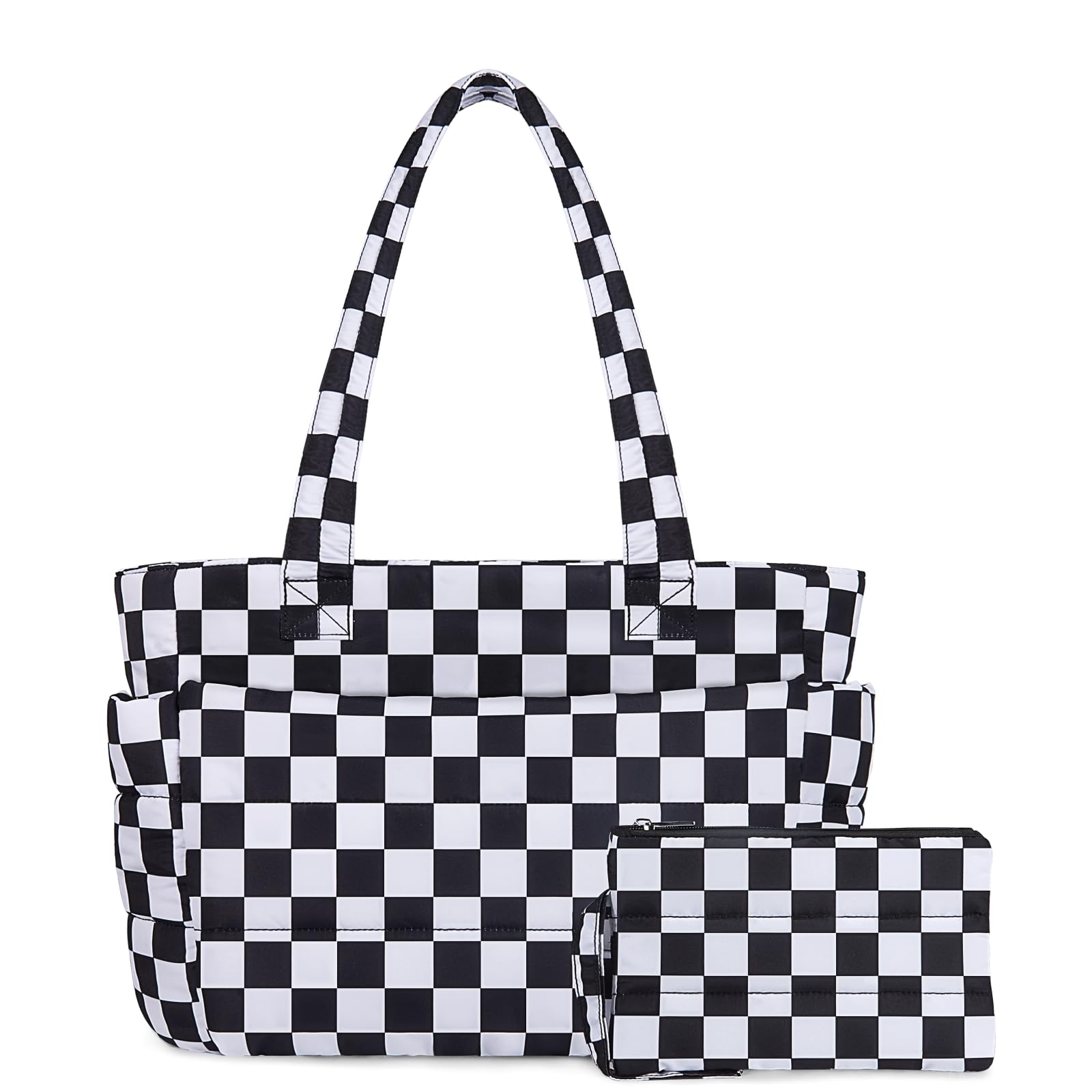 TOPDesign Puffer Tote Bag for Women, Lightweight Puffy Handbag with Compartments, Quilted Shoulder Bag for Work, Travel, Gym Checkerboard Medium
