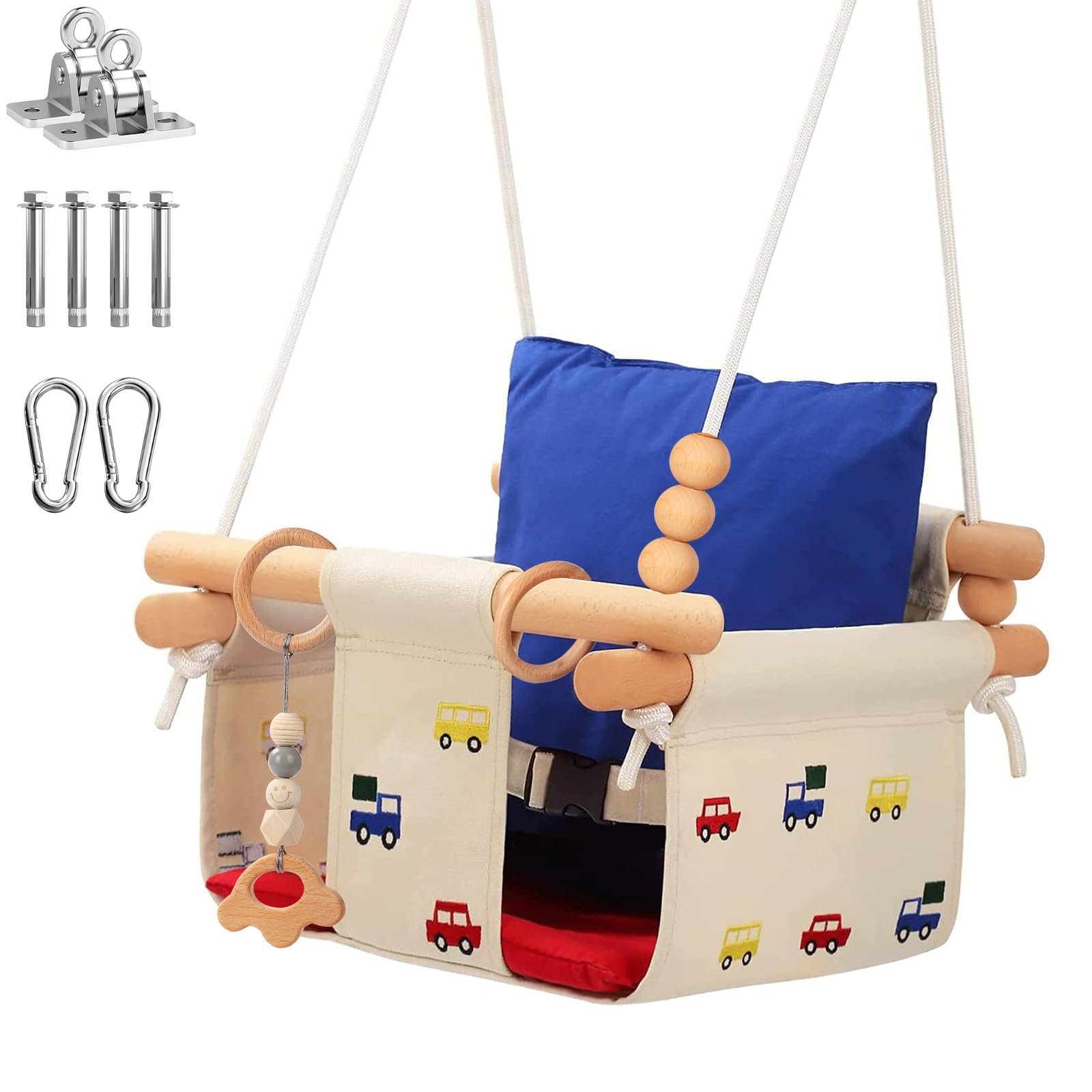 Talecogear Baby Swing – Outdoor & Indoor, Cozy Toddler Swing for Backyard, Hanging Swing Seat Chair, Cotton Canvas & Beech Wood Frame, Safety Harness,