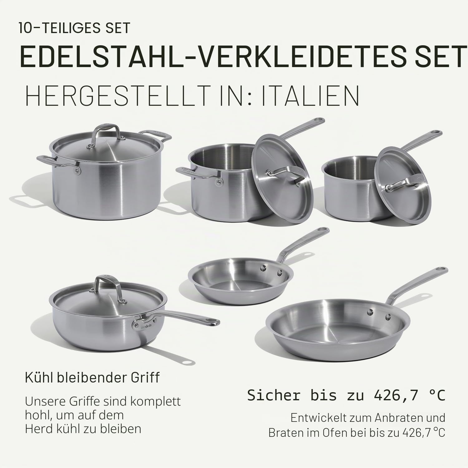 Made in Cookware – 10-teiliges Topf- und Pfannenset aus 5-lagig beschichtetem Edelstahl – Enthält antihaftbeschichtete Bratpfanne, Kochtöpfe und Edelstahlsuppentopf mit Deckel – Hergestellt in Italien