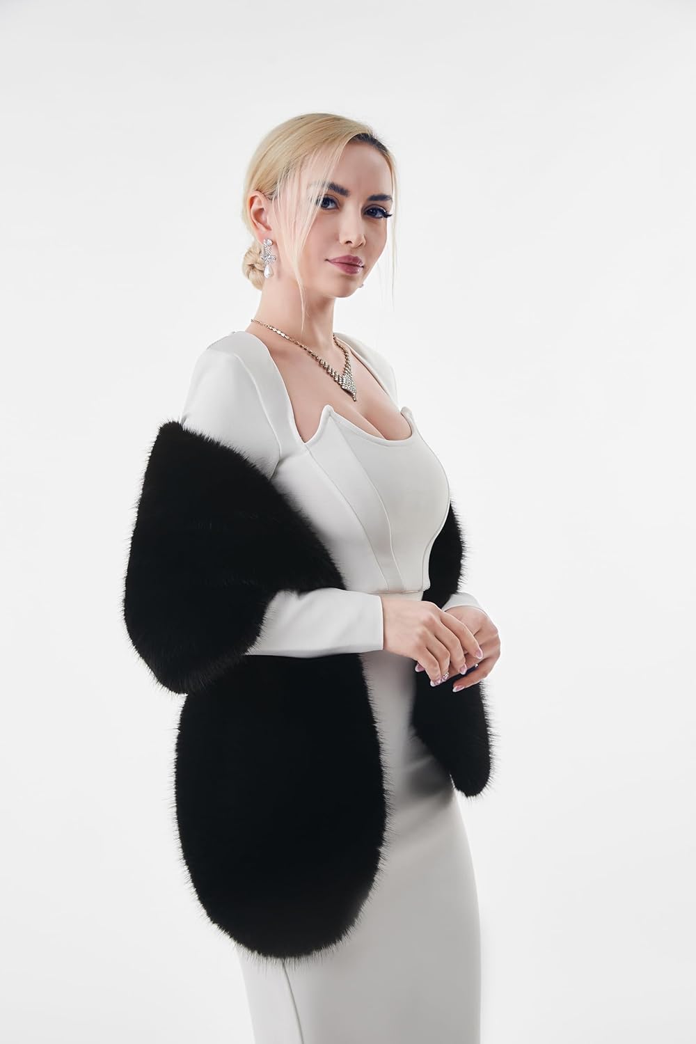 AMTFBY Women's Faux Fur Wrap Cross Shawl For Winter Evening Party Cape - Image 3