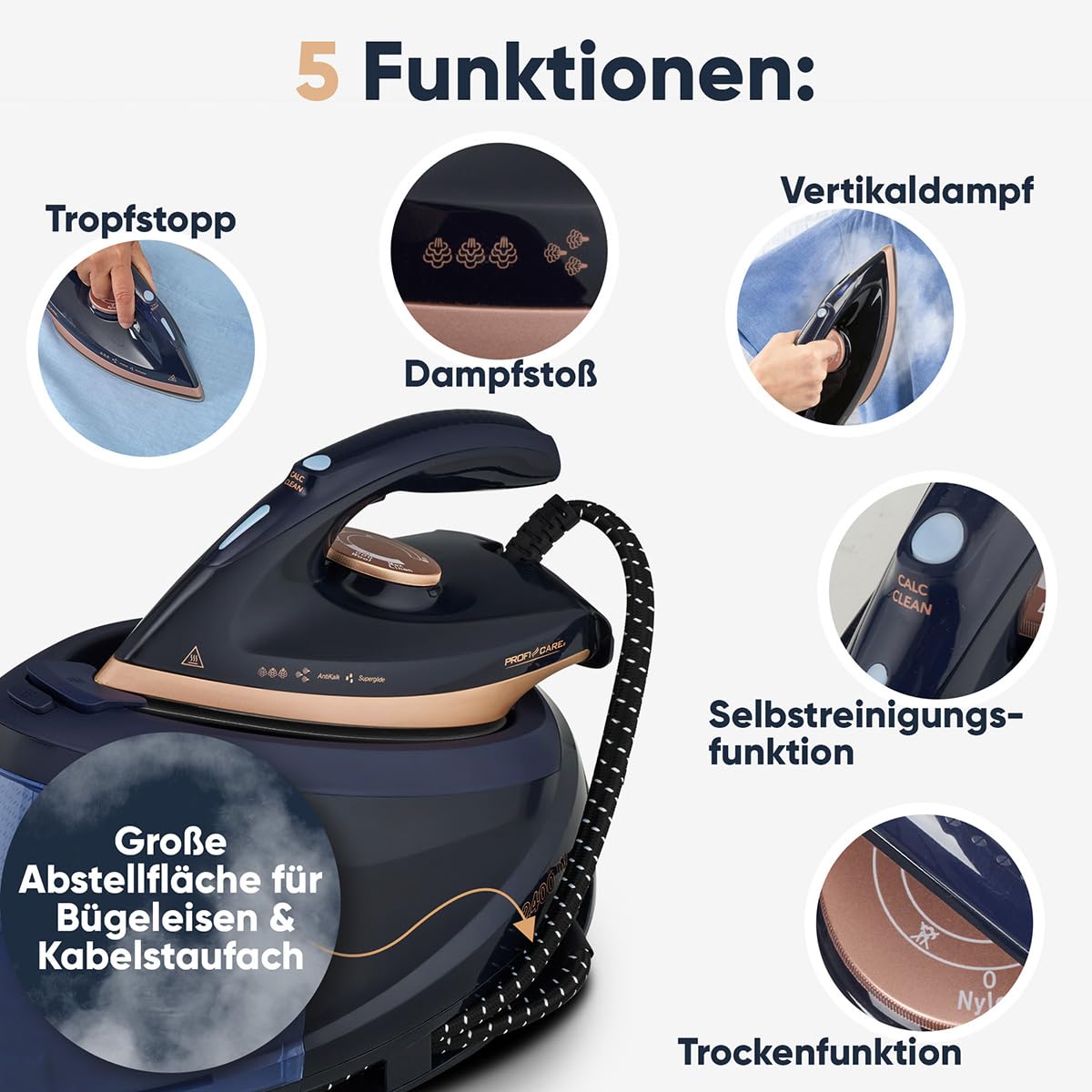 ProfiCare® Dampfbügelstation | Superglide Keramiksohle | 2400W Bügelstation | starke Dampfleistung 150 g/min | 4 Bar Druck | bis zu 80 Minuten am Stück bügeln | Dampfbügeleisenstation | PC DBS 3127