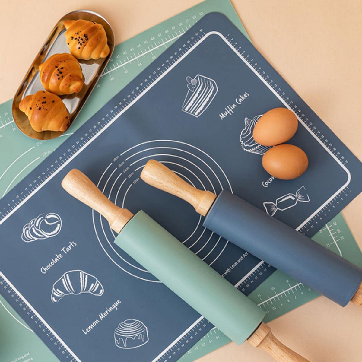 Tapis de Pétrissage en Silicone Set 3 Pièces Tapis de Pâtisserie avec Mesure Rouleau à Pâtisserie Cutter Compteur Large Gâteau Cuisson Pâte à Biscuits Tapis-Chine, Bleu Ensemble