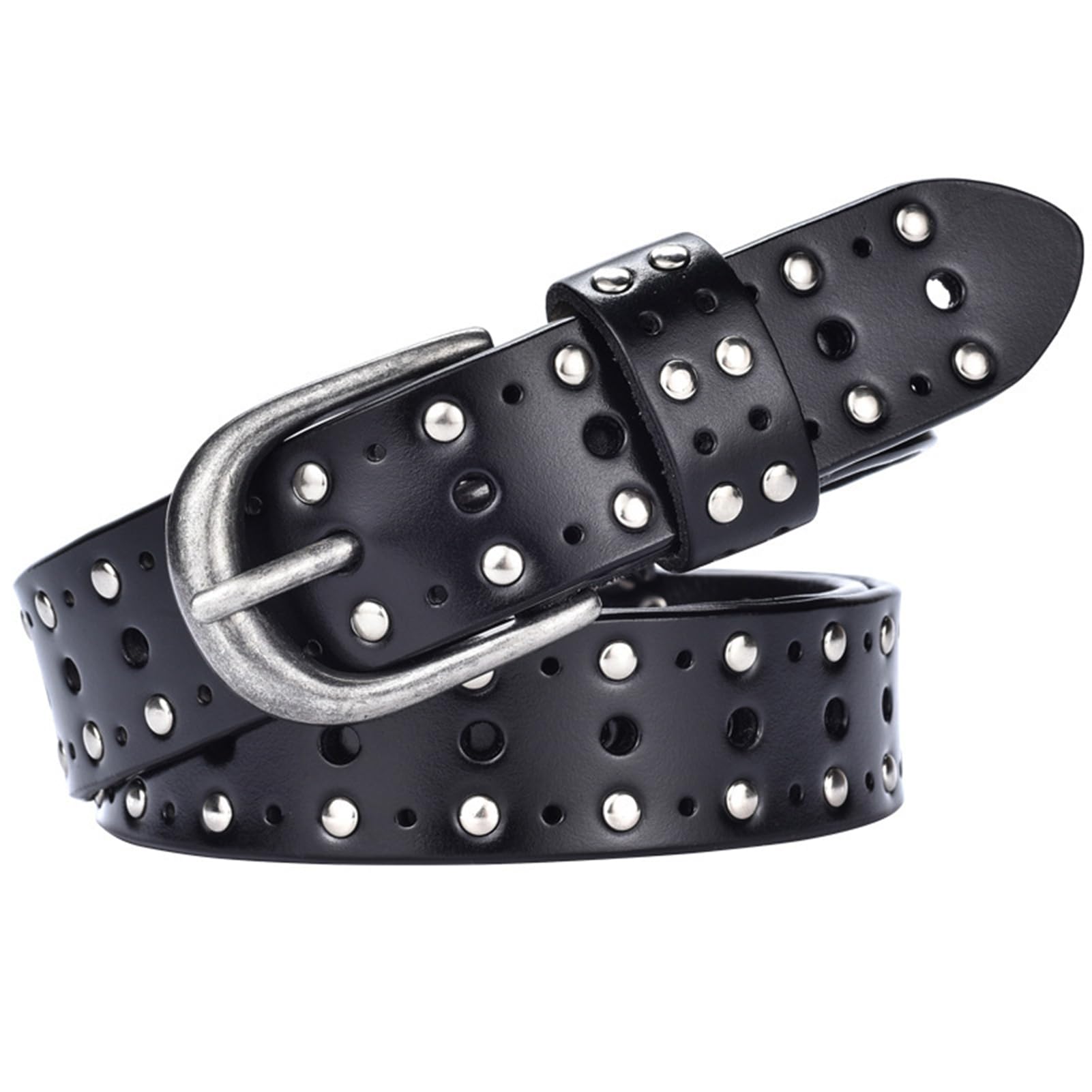 pasek, Paski z ćwiekami damskie i męskie, dwurzędowe, ze srebra próby 925, skóry naturalnej, do jeansów spodni, szerokość 2,8 cm(Black,105cm/waist:34"~36")