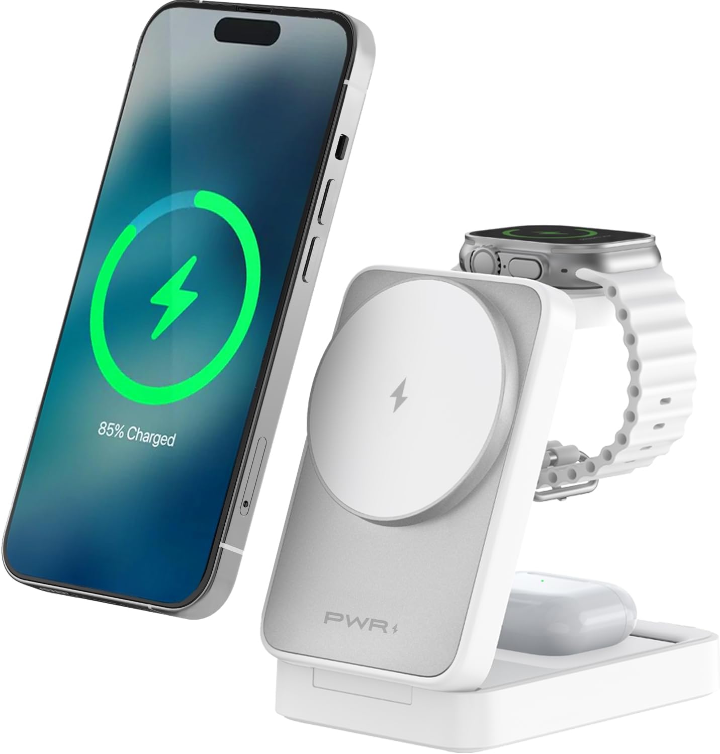 PWR Fold 2.0 4-in-1 Charging Station for Multiple Devices - Portable Wireless Charging Station Compatible with Apple Watch, iPhone, Samsung, Airpods and Qi Wireless Devices (White)