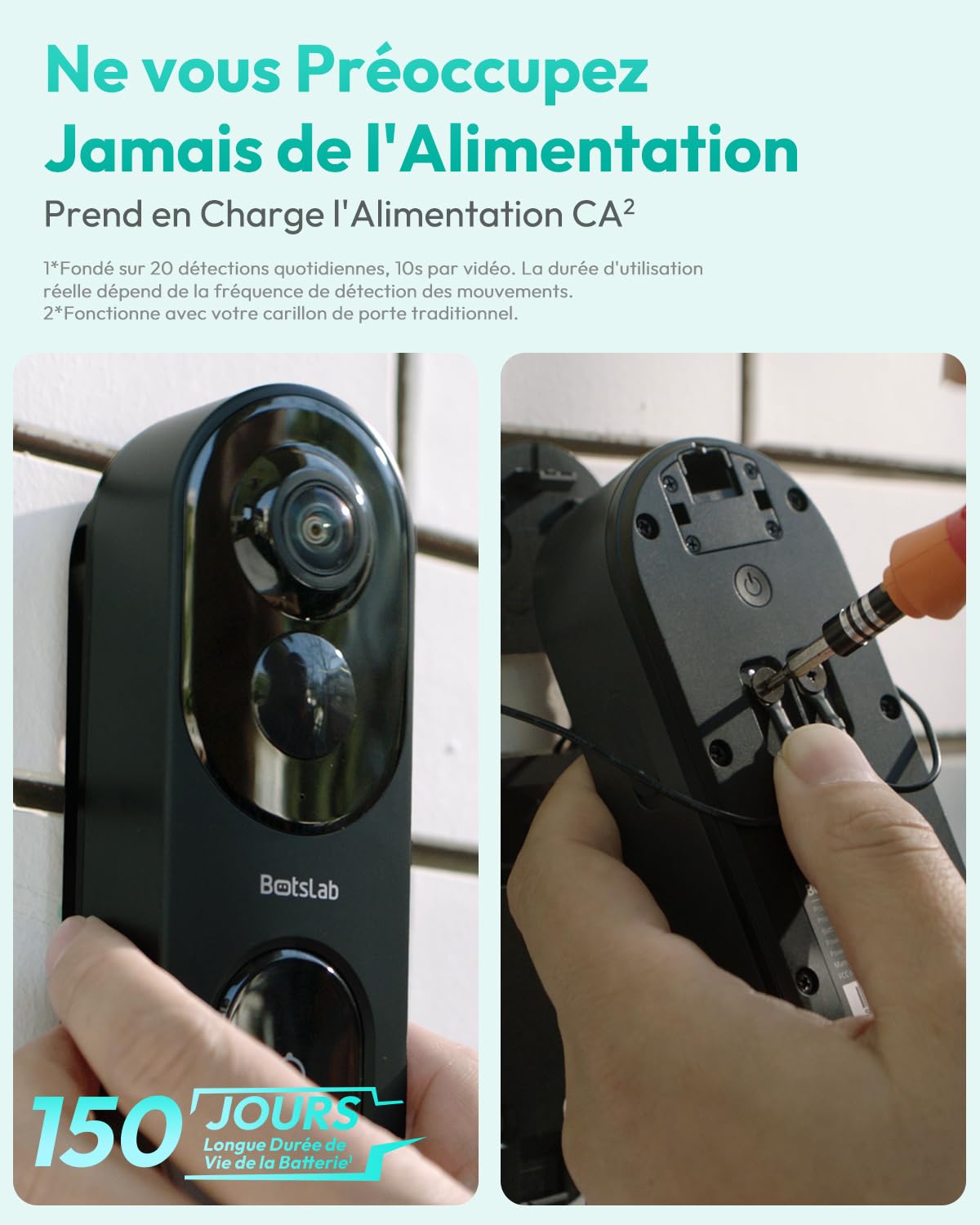 BOTSLAB 5MP Sonnette sans Fil avec Caméra, Vue tête-Pieds 1:1, Détection de Personnes/PIR, Pas de Frais mensuels, Audio bidirectionnel, Carte SD 32 Go installée, Video Doorbell (Batterie), Alexa