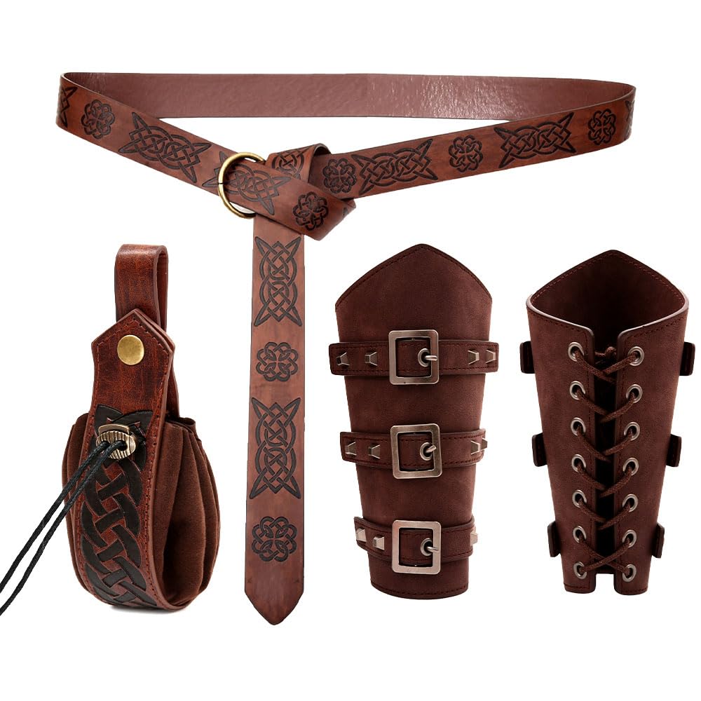 Cinturón Medieval, Accesorios Medievales, Juego de Riñonera de Cuero, Accesorios de Disfraz de Caballero Medieval, Juego de 4 Medievales Accesorios para Cosplay, Bailes de Máscaras, Halloween
