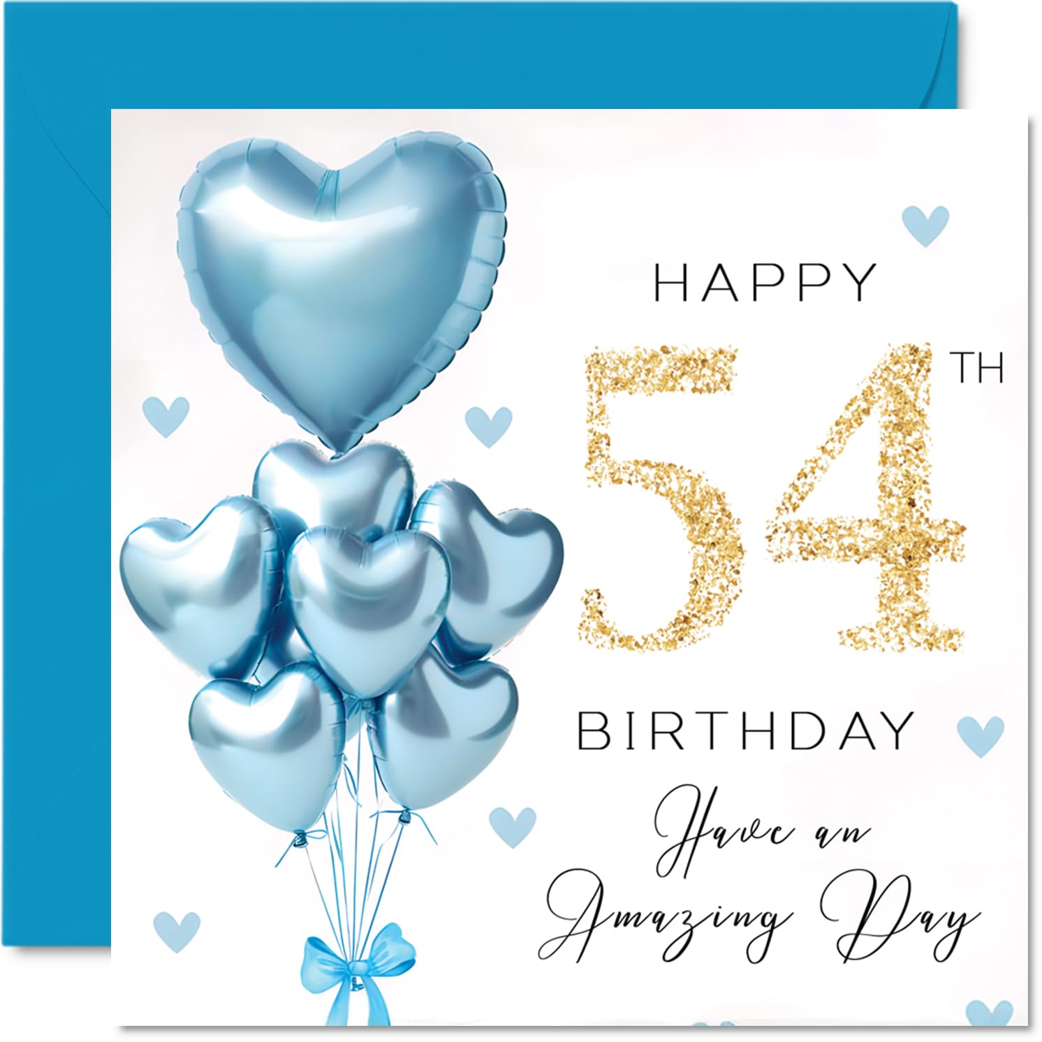 54th Birthday Cards for Men, Blue Glitter Balloons