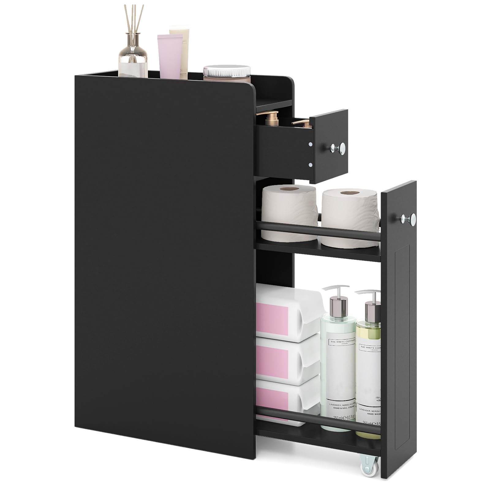 COSTWAY Slim Bathroom Floor Cabinet, Narrow Bathroom Storage Unit with Slide Out Drawers on Wheels, Wooden Freestanding Compact Cupboard Toilet Paper Organiser for Small Spaces (Black)