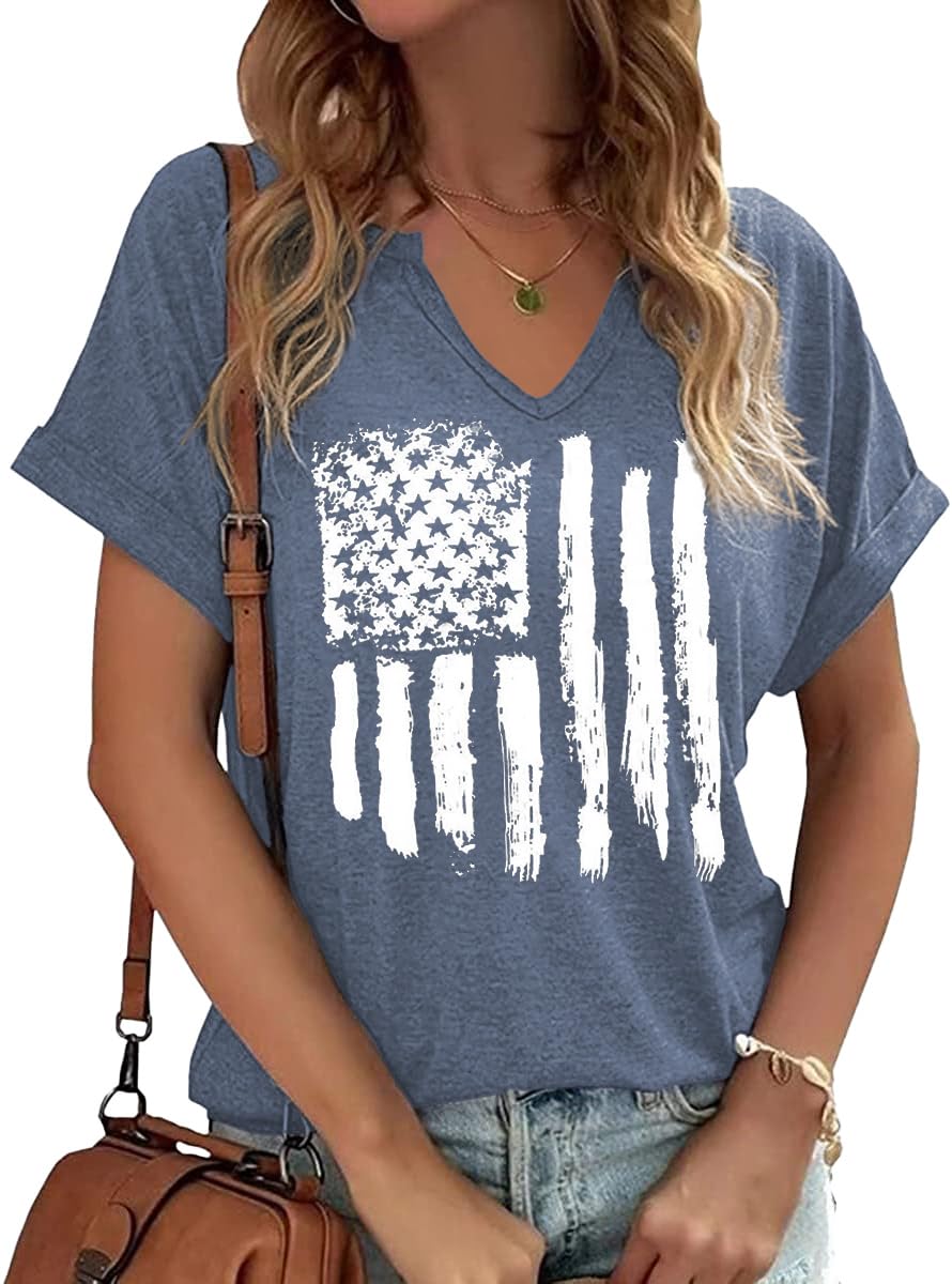 Women's American Flag Graphic Tee - 4th Of July V-Neck Patriotic Shirt (Gray, X-Large)