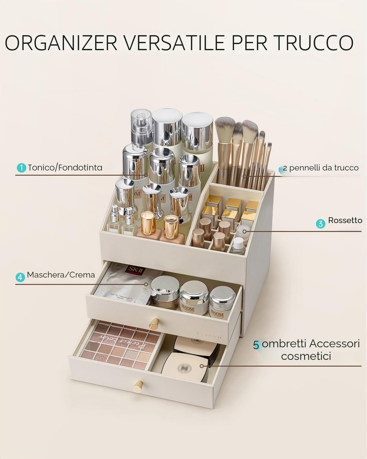 Vlando Organizer per trucchi con 3 cassetti, organizzatore da toeletta, organizzatore per cosmetici, organizzatore per il bagno, Dresser Skincare, beige