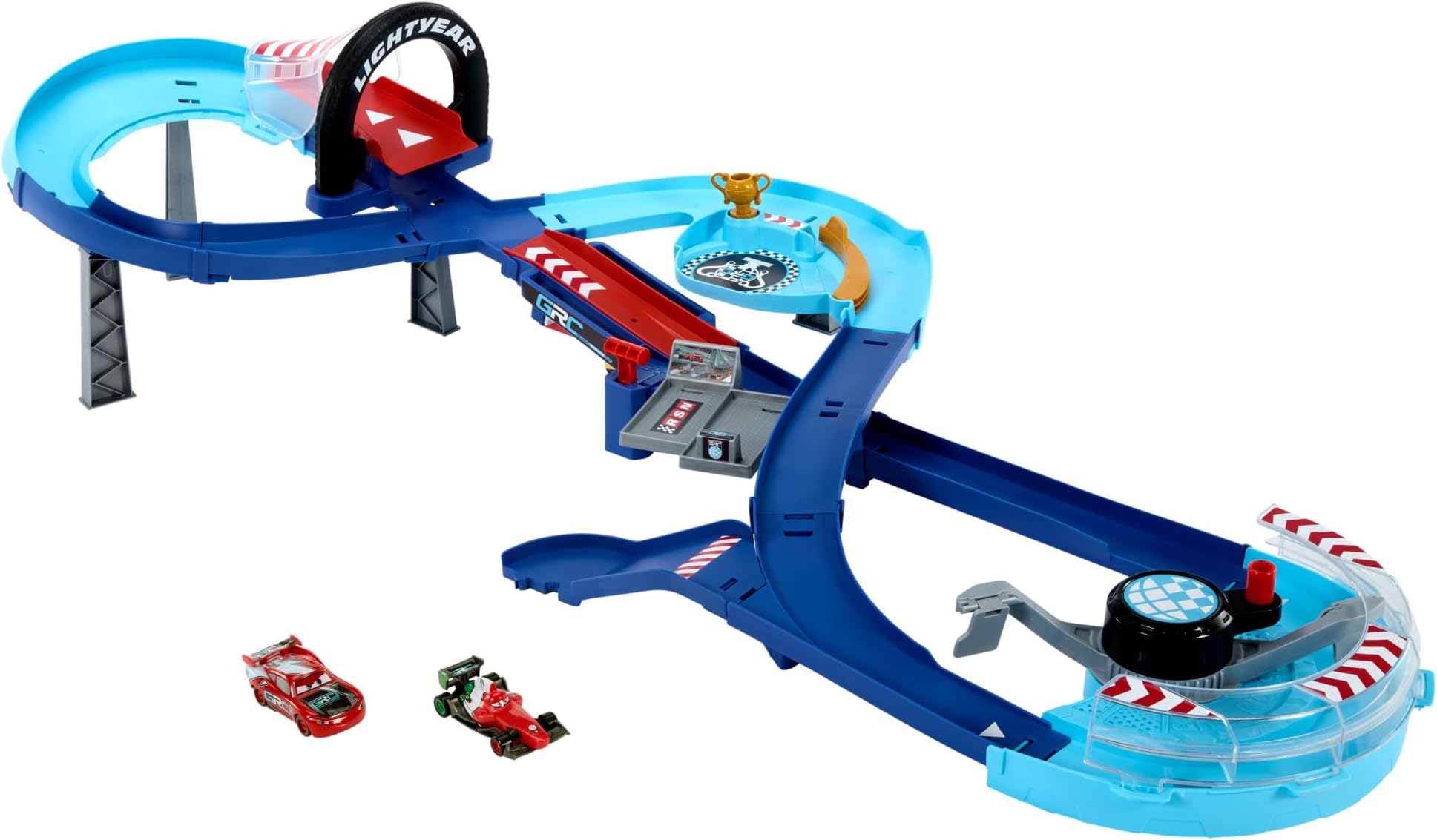 Mattel Disney and Pixar Cars Playset with 2 Toy Cars, Lightning McQueen & Francesco Bernoulli, GRC Jumping Raceway Track Set with Kid-Powered Booster, HXJ32