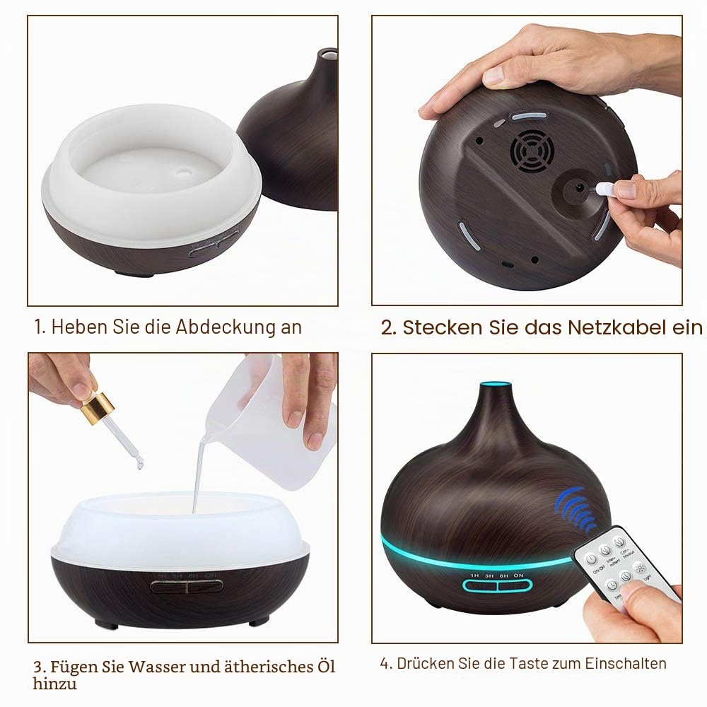 400ML Luftbefeuchter für Schlafzimmer Elektrischer Aromatherapie-Befeuchter im Holzmaserung mit 7-farbigem LED-Licht Leise Aroma Diffuser Wasserlose Auto-Off Duftöldiffusoren (Schwarz)