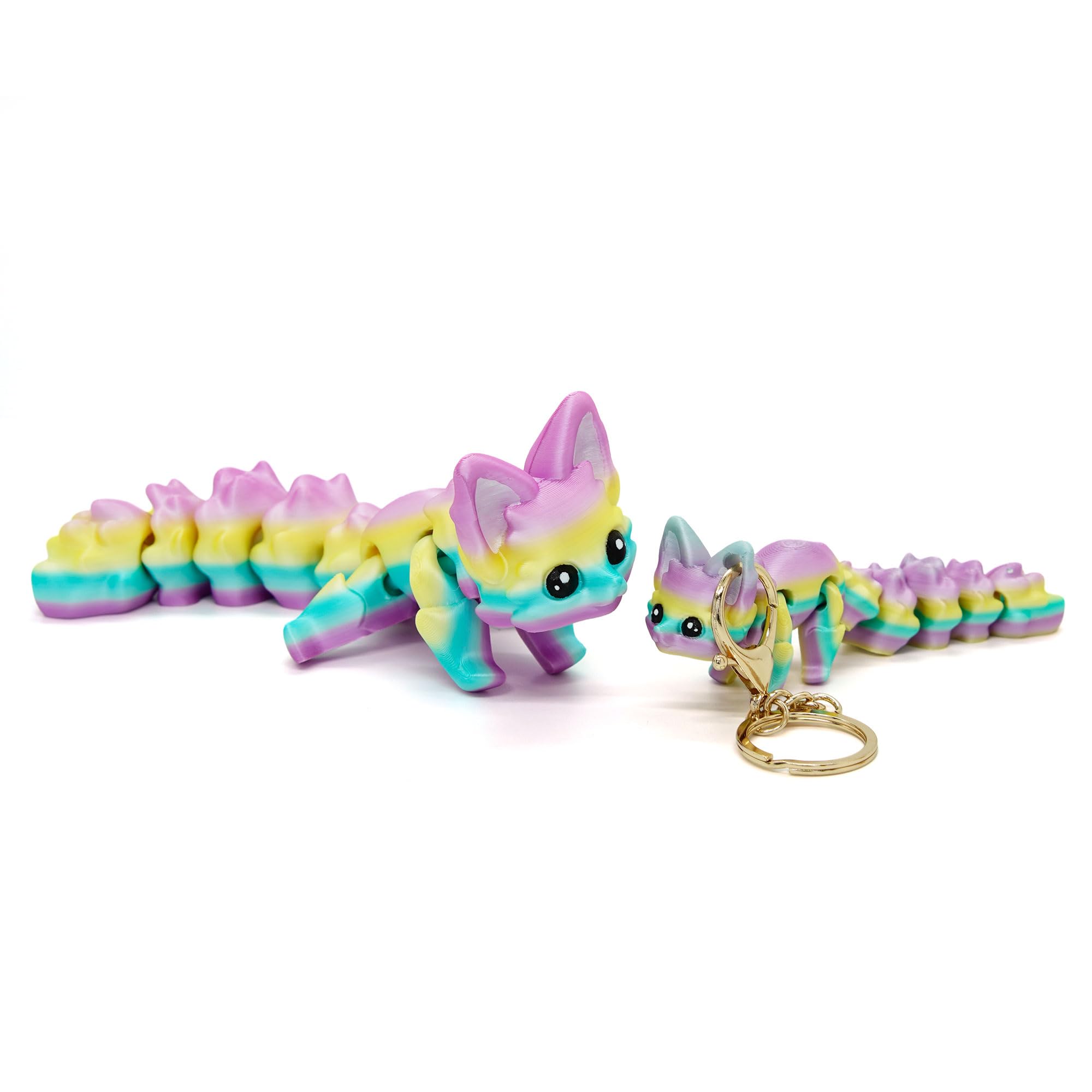 Cute 3D Printed Carly Fox 7.8 Inches Articulated Fidget with 4.7 Inches Flexi Foxes Keychain Print Model Flexible Creature, Home Desk Decor Gift, Rainbow