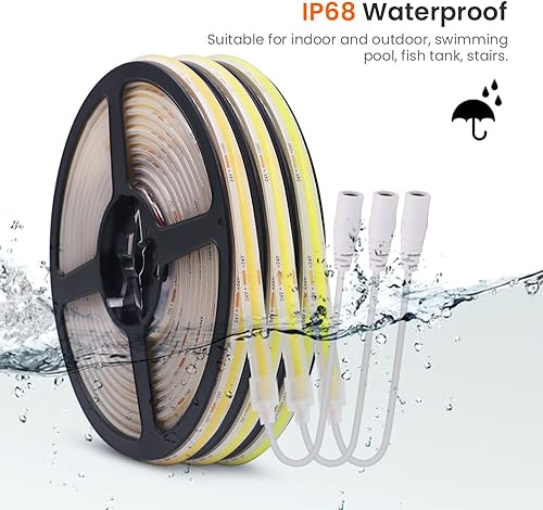 Miniatura 7 de HEGEHE COB - Tira de luz LED 0.5M1.64FT, DC24V 320LEDSm, tira LED flexible súper brillante luz diurna blanca 6500K COB cinta luces impermeable IP68