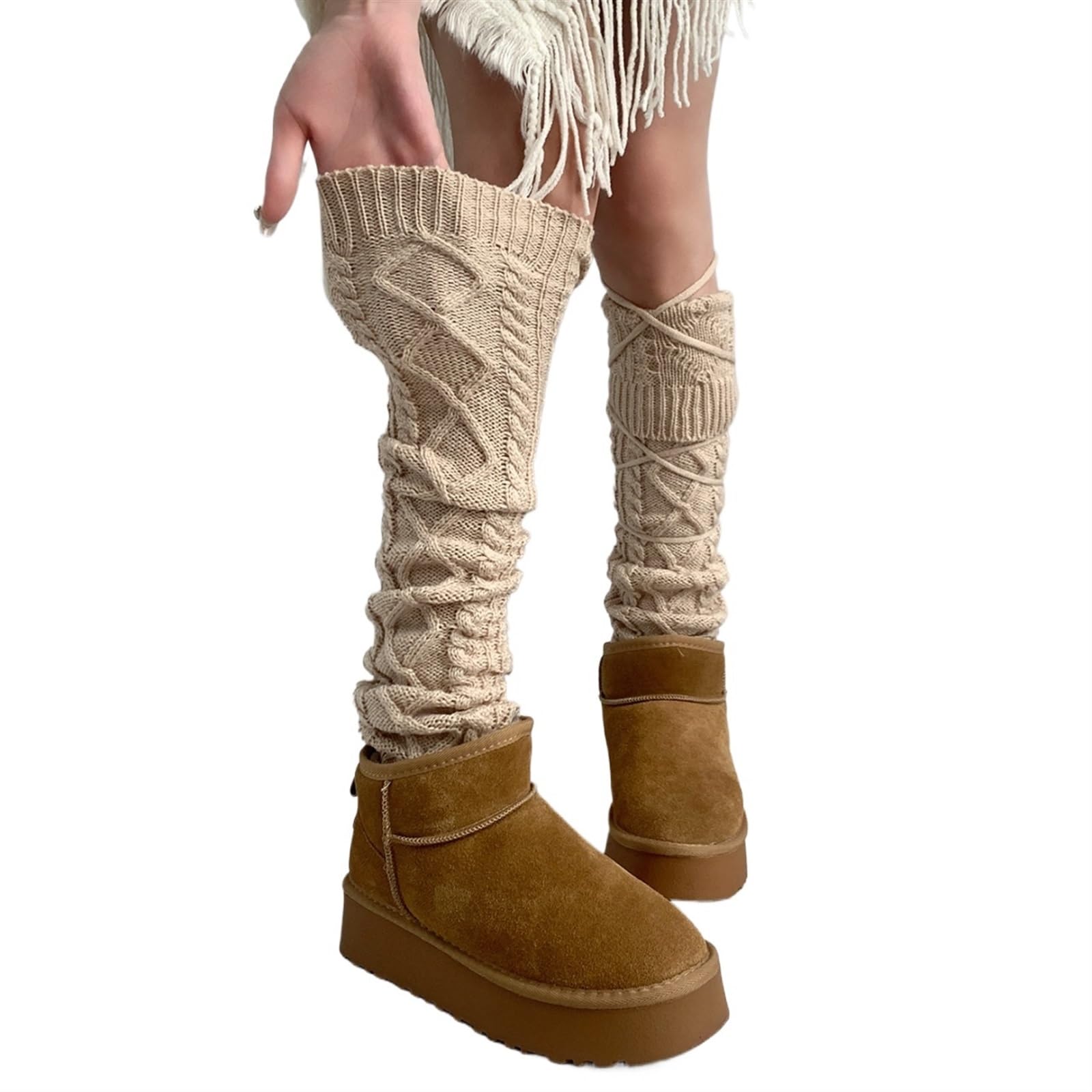 Calentadores Piernas Mujer Calcetines con Cordones Calentadores de piernas de Punto Calcetines de Pantorrilla Gruesos y cálidos de Invierno Cubrepiernas(Khaki)