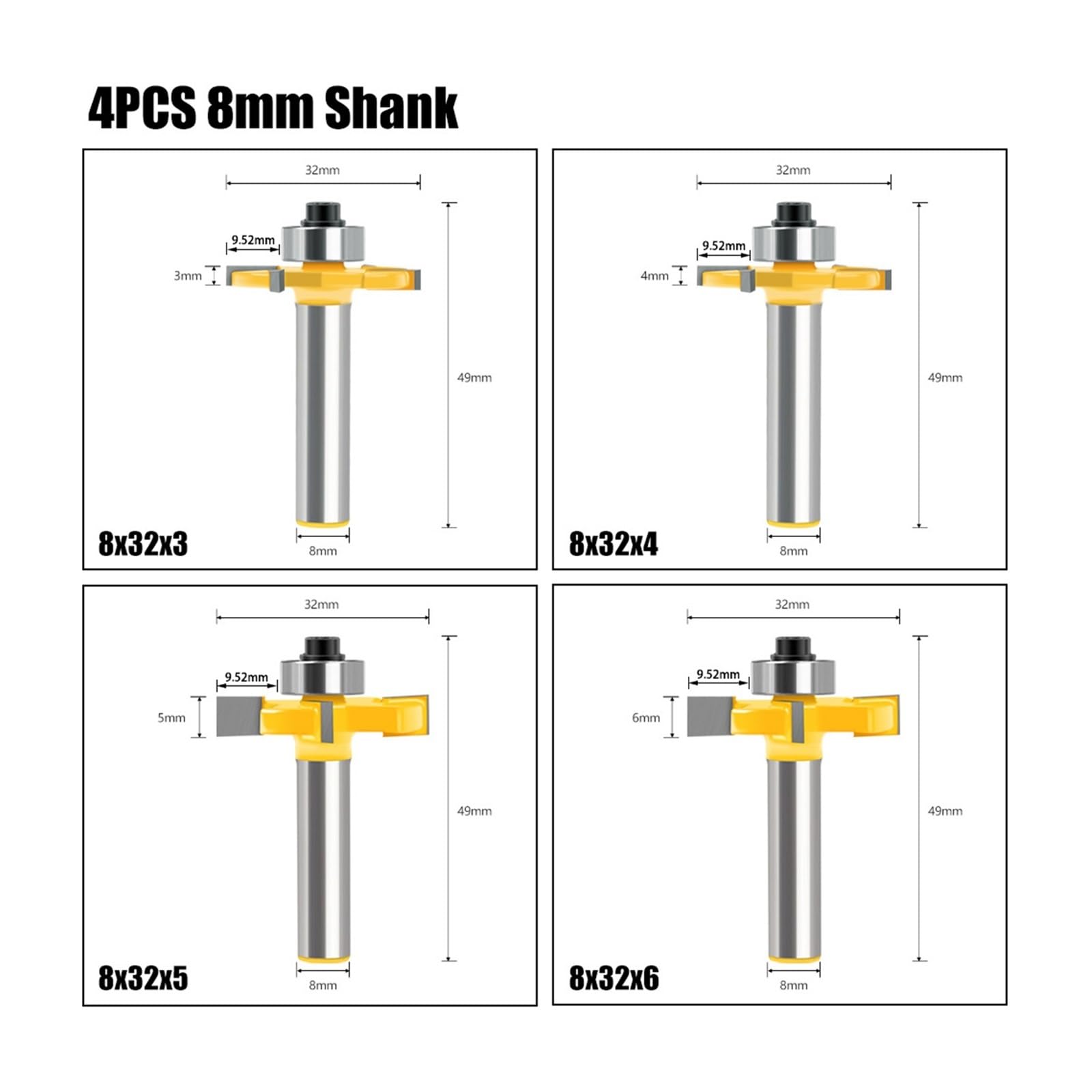 1/4 Sztuk 8mm Shank Łożyska Typu T Frez Do Drewna Klasy Przemysłowej Bit Wpustowy Narzędzie Frezy(4PCS 8mm)