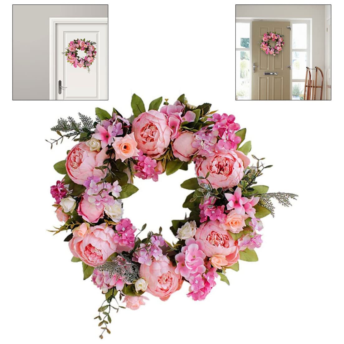 Couronne de porte - Couronne de fleurs - Pivoine artificielle - Couronne en soie - Rose - Décoration pour porte d'entrée - Bureau - Maison - Fête de mariage