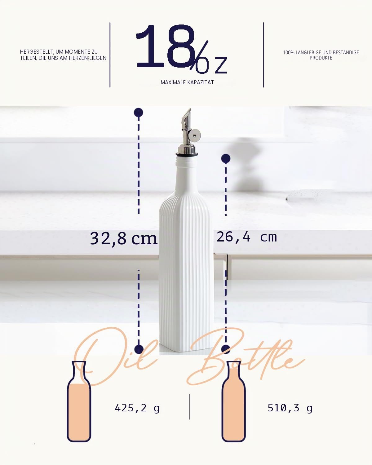 getstar Olivenöl Spenderflasche für Küche, Keramik Öl Flasche mit Automatischem Edelstahl Ausgießer, G8943